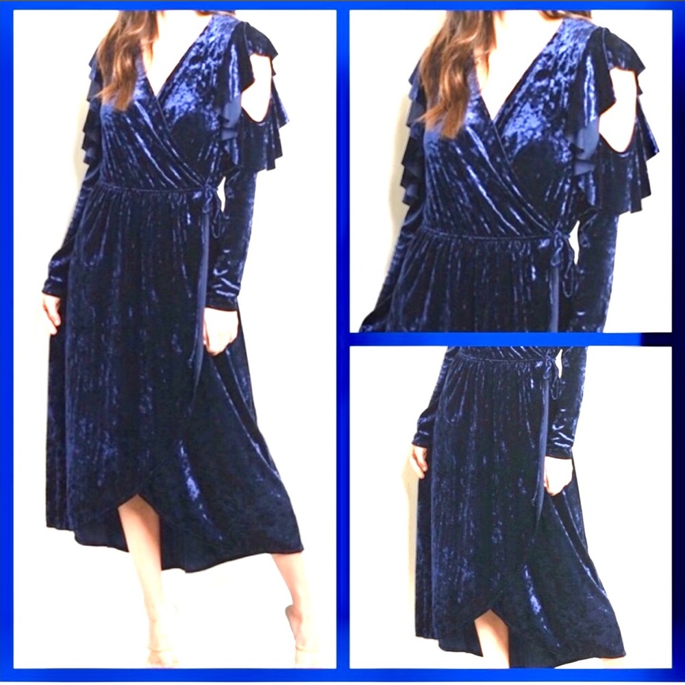 ✨LUXURIOUS✨BLUE VELVET DRESS-NEW- S-M✨SLIP WRAP✨LONG SLEEVE - Picture 2 of 9
